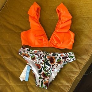 NWT bikini - low rise botanical bottoms, neon Orange low rise ruffle top